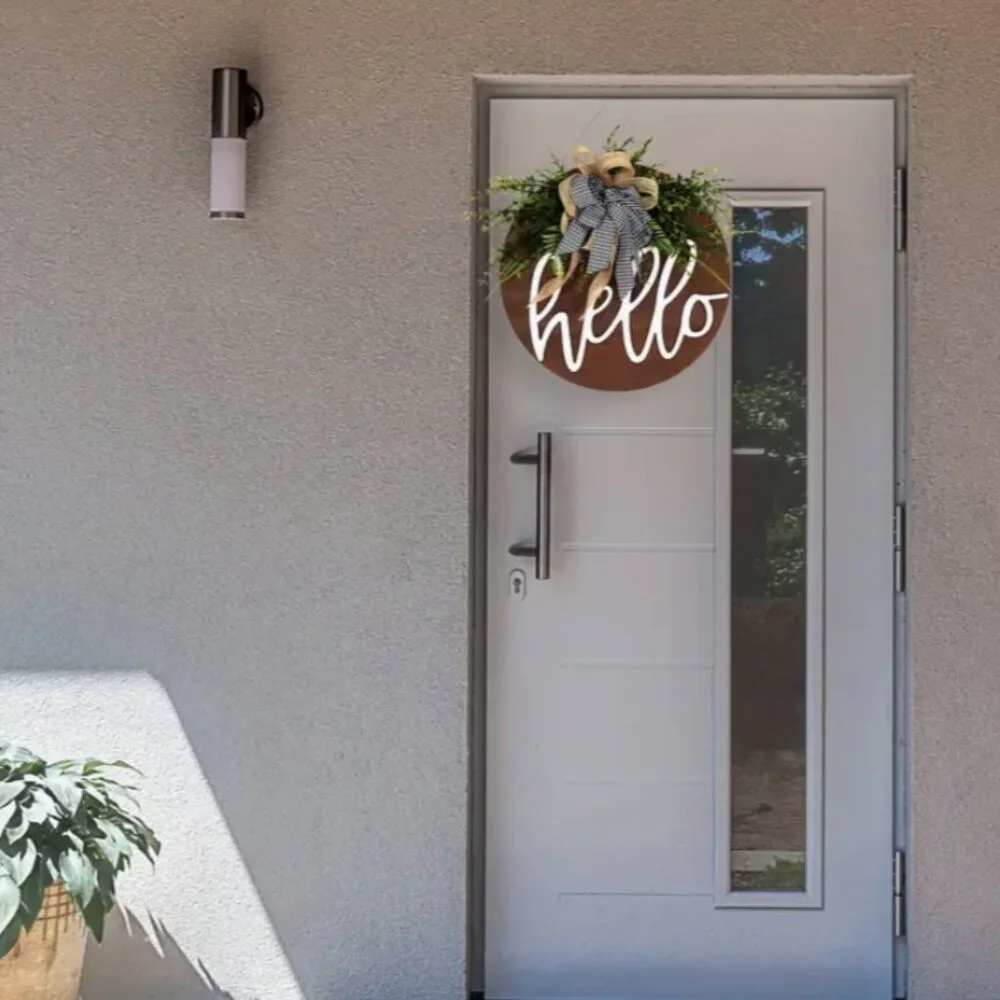 Hello Rustic Farmhouse Welcome Sign Buffalo Check Bow Wood Handmade Wreath Gift
